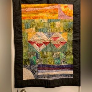 New Handmade Landscape Art Quilt Tapestry Fabric Wall Hanging Flowers at Sunset